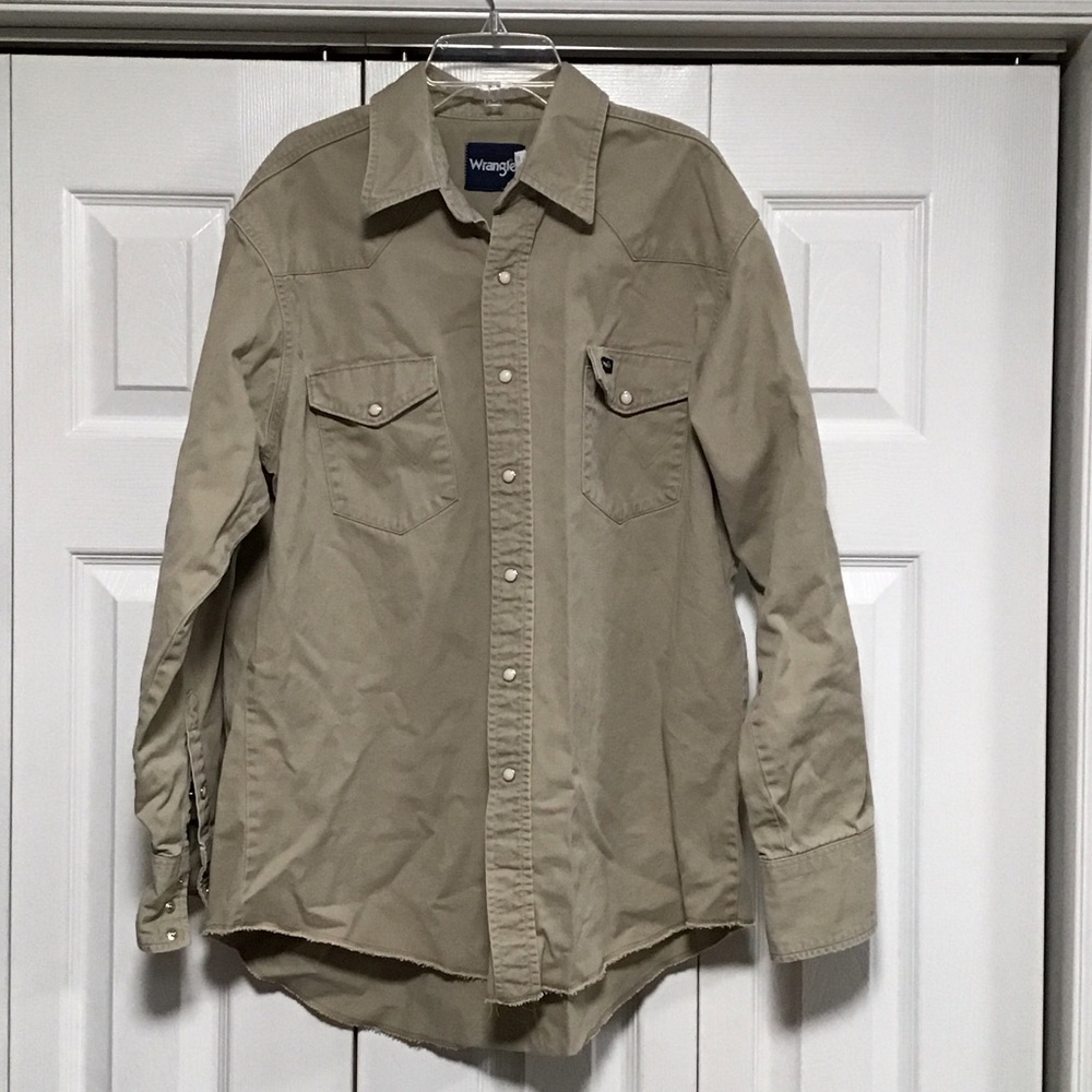 Wrangler Vintage Beige Western Pearl Snap Front Shirt Farm Country Rodeo Cowboy